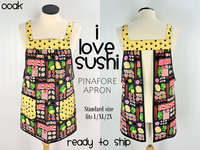 I Love Sushi Pinafore Apron with no ties, Japanese bento box on gray, relaxed fit smock with pockets fits L/XL/2X, Ready to Ship