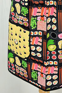 I Love Sushi Pinafore Apron with no ties, Japanese bento box on gray, relaxed fit smock with pockets fits L/XL/2X, Ready to Ship