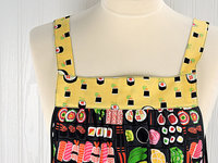 I Love Sushi Pinafore Apron with no ties, Japanese bento box on gray, relaxed fit smock with pockets fits L/XL/2X, Ready to Ship