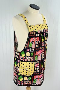 I Love Sushi Pinafore Apron with no ties, Japanese bento box on gray, relaxed fit smock with pockets fits L/XL/2X, Ready to Ship