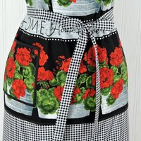 SHIPS FAST~ Geraniums Chef's Apron with pocket, pretty hostess apron, retro kitchen decor, one-size-fits-most, Red Geranium & Black Gingham