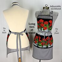 SHIPS FAST~ Geraniums Chef's Apron with pocket, pretty hostess apron, retro kitchen decor, one-size-fits-most, Red Geranium & Black Gingham