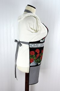 SHIPS FAST~ Geraniums Chef's Apron with pocket, pretty hostess apron, retro kitchen decor, one-size-fits-most, Red Geranium & Black Gingham