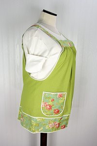 SHIPS FAST~ Scarlet & Sage Roses Pinafore Apron with no ties, relaxed fit smock with pockets, standard size apron fits L/XL/2X
