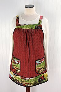 SHIPS FAST~ Vintage Farm Scene (on red) Pinafore with no ties, relaxed fit smock with pockets, Red Barn- Horses- Cows- Tractor, fits L/XL/2X