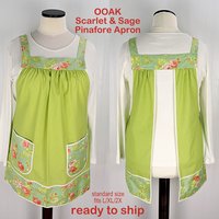 SHIPS FAST~ Scarlet & Sage Roses Pinafore Apron with no ties, relaxed fit smock with pockets, standard size apron fits L/XL/2X