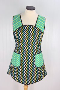 Mini Chic Chevron in Lagoon, Retro 50s Smock Apron with pockets, relaxed fit with no neck ties (H-back apron) made to order XS to 4X