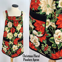 Christmas Floral Pinafore with no ties, relaxed fit smock with pockets fits L/XL/2X, Xmas baking apron, ready to ship
