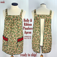SHIPS FAST~ Holly & Ribbon Pinafore with no ties, relaxed fit smock with pockets fits L/XL/2X, Christmas baking apron, one of a kind