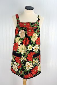 Christmas Floral Pinafore with no ties, relaxed fit smock with pockets fits L/XL/2X, Xmas baking apron, ready to ship