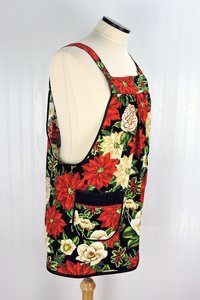 Christmas Floral Pinafore with no ties, relaxed fit smock with pockets fits L/XL/2X, Xmas baking apron, ready to ship