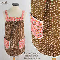 Indian Summer Brown Daisies Pinafore, lovely hostess apron, relaxed fit smock with pockets fits L/XL/2X, ready to ship