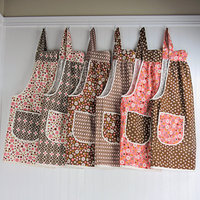 Indian Summer Brown Floral Pinafore, retro hostess apron, relaxed fit smock with pockets fits L/XL/2X, ready to ship