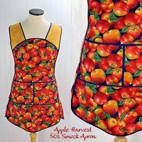 Apple Harvest 50s Smock Apron with kangaroo pocket, relaxed fit with no neck ties (H-back apron) fits sizes large or X-large, ships fast