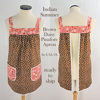 Indian Summer Brown Daisies Pinafore, lovely hostess apron, relaxed fit smock with pockets fits L/XL/2X, ready to ship