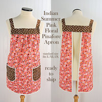 Indian Summer Pink Floral Pinafore, lovely hostess apron, relaxed fit smock with pockets fits L/XL/2X, ready to ship
