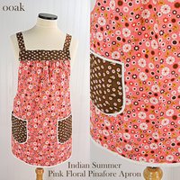 Indian Summer Pink Floral Pinafore, lovely hostess apron, relaxed fit smock with pockets fits L/XL/2X, ready to ship