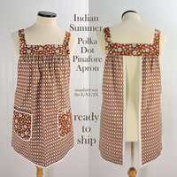 SHIPS FAST~ Indian Summer Polka Dot Pinafore, retro hostess apron, relaxed fit smock with pockets fits L/XL/2X, ready to ship