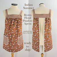Indian Summer Brown Floral Pinafore, retro hostess apron, relaxed fit smock with pockets fits L/XL/2X, ready to ship