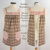 SHIPS FAST~ Indian Summer Brown Damask Pinafore, retro hostess apron, relaxed fit smock with pockets fits L/XL/2X, ready to ship