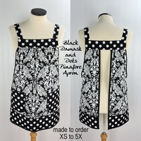 Black Damask and Dot Pinafore with no ties, relaxed fit smock with pockets, lovely hostess apron made to order XS - 5X