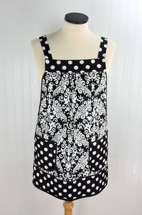 Black Damask and Dot Pinafore with no ties, relaxed fit smock with pockets, lovely hostess apron made to order XS - 5X