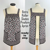 Retro Roller Skates Pinafore Apron with no ties, relaxed fit smock with pockets, fun hostess apron fits L/XL/2X, ready to ship now
