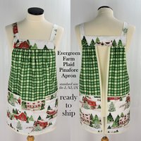 Evergreen Farm Plaid Pinafore with no ties, ooak relaxed fit smock with pockets, Snowy Winter Scene Apron fits L/XL/2X, ships fast