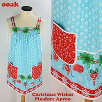 Christmas Wishes Pinafore with no ties, relaxed fit smock with pockets, retro aqua and red holiday apron fits L/XL/2X, ships fast