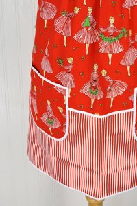 Retro Holiday Hostess Pinafore Apron with no ties, relaxed fit smock with pockets, red and white Christmas apron fits L/XL/2X, ships fast
