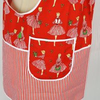 Retro Holiday Hostess Pinafore Apron with no ties, relaxed fit smock with pockets, red and white Christmas apron fits L/XL/2X, ships fast