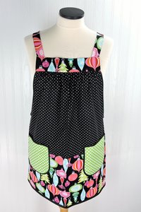 Christmas Ornaments and Polka Dots Pinafore with no ties, relaxed fit smock with pockets fits L-XL-2X, Holiday Hostess Apron ships fast