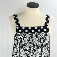 Black Damask and Dot Pinafore with no ties, relaxed fit smock with pockets, lovely hostess apron made to order XS - 5X