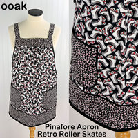 Retro Roller Skates Pinafore Apron with no ties, relaxed fit smock with pockets, fun hostess apron fits L/XL/2X, ready to ship now