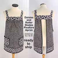 SHIPS FAST Daisies and Roller Skates Pinafore Apron with no ties, relaxed fit smock with pockets, fun hostess apron fits L/XL/2X, ready to ship now