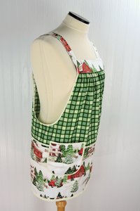 Evergreen Farm Plaid Pinafore with no ties, ooak relaxed fit smock with pockets, Snowy Winter Scene Apron fits L/XL/2X, ships fast
