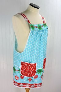 Christmas Wishes Pinafore with no ties, relaxed fit smock with pockets, retro aqua and red holiday apron fits L/XL/2X, ships fast
