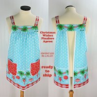 Christmas Wishes Pinafore with no ties, relaxed fit smock with pockets, retro aqua and red holiday apron fits L/XL/2X, ships fast