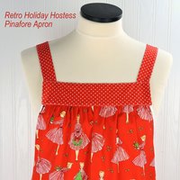 Retro Holiday Hostess Pinafore Apron with no ties, relaxed fit smock with pockets, red and white Christmas apron fits L/XL/2X, ships fast