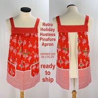 Retro Holiday Hostess Pinafore Apron with no ties, relaxed fit smock with pockets, red and white Christmas apron fits L/XL/2X, ships fast