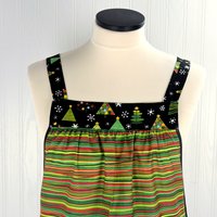 Christmas Trees on stripe Pinafore with no ties, relaxed fit smock with pockets fits L/XL/2X, one of a kind holiday apron, ships fast