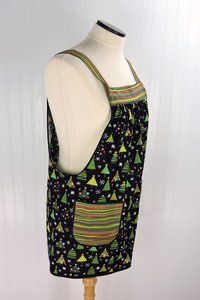 Christmas Trees on Black Pinafore with no ties, relaxed fit smock with pockets fits L/XL/2X, one of a kind holiday apron ships fast