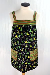 Christmas Trees on Black Pinafore with no ties, relaxed fit smock with pockets fits L/XL/2X, one of a kind holiday apron ships fast