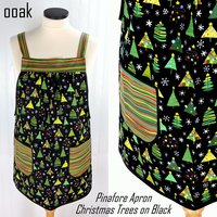 Christmas Trees on Black Pinafore with no ties, relaxed fit smock with pockets fits L/XL/2X, one of a kind holiday apron ships fast