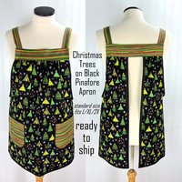 Christmas Trees on Black Pinafore with no ties, relaxed fit smock with pockets fits L/XL/2X, one of a kind holiday apron ships fast