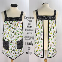 Christmas Trees on White Pinafore with no ties, relaxed fit smock with pockets fits L/XL/2X, one of a kind holiday apron ships fast