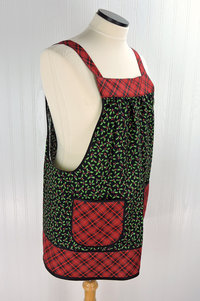 SHIPS FAST Tiny Holly Pinafore with no ties, relaxed fit smock with pockets, Holly and Plaid Christmas Apron, standard size fits L/XL/2X