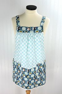 Penguin Friends Pinafore with no ties, relaxed fit smock with pockets, cute Christmas Apron, standard size fits L/XL/2X, ships fast
