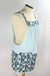 Penguin Friends Pinafore with no ties, relaxed fit smock with pockets, cute Christmas Apron, standard size fits L/XL/2X, ships fast