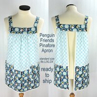 Penguin Friends Pinafore with no ties, relaxed fit smock with pockets, cute Christmas Apron, standard size fits L/XL/2X, ships fast